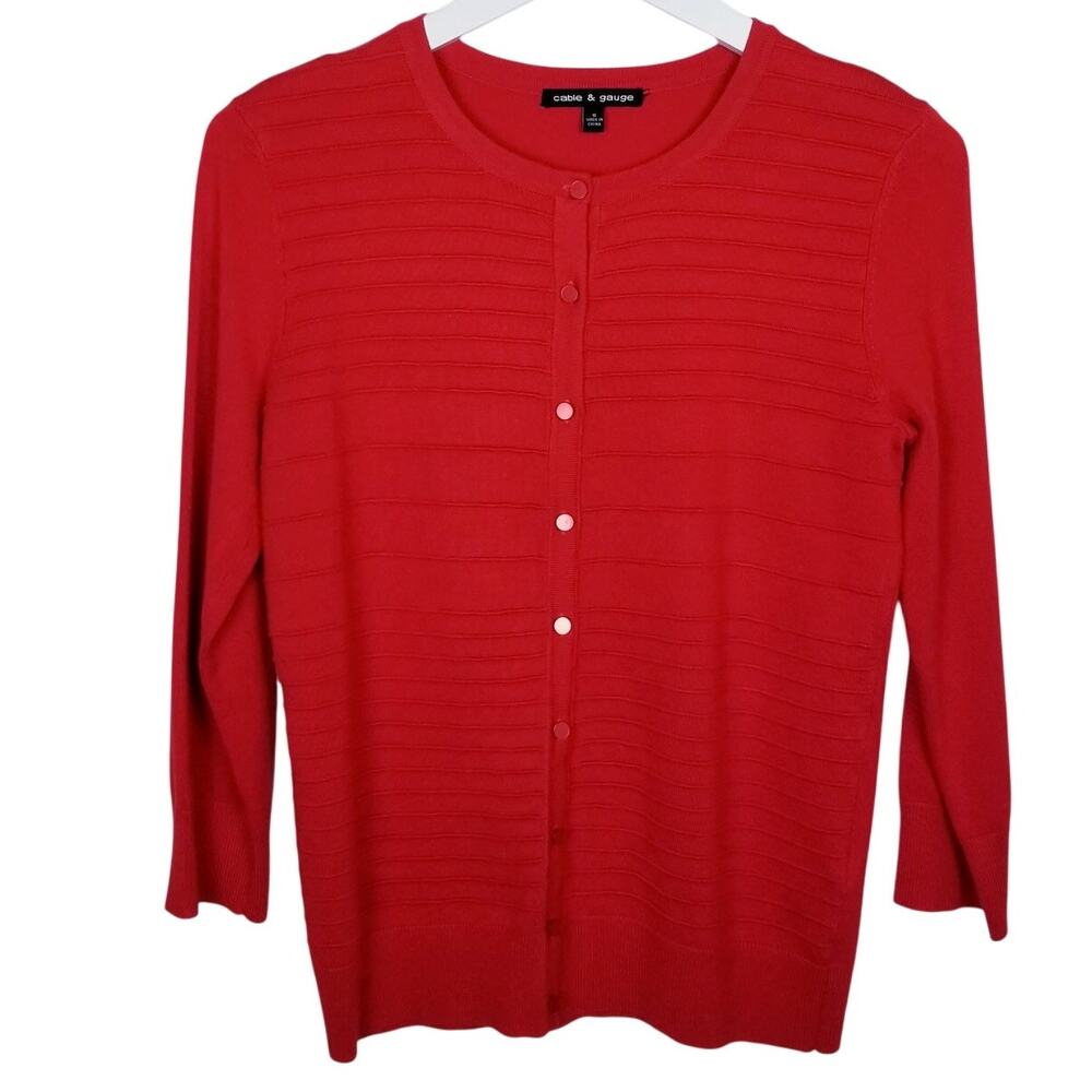 Cable & Gauge Red Pointelle Knit Ribbed Button Front Cardigan Sweater - Small